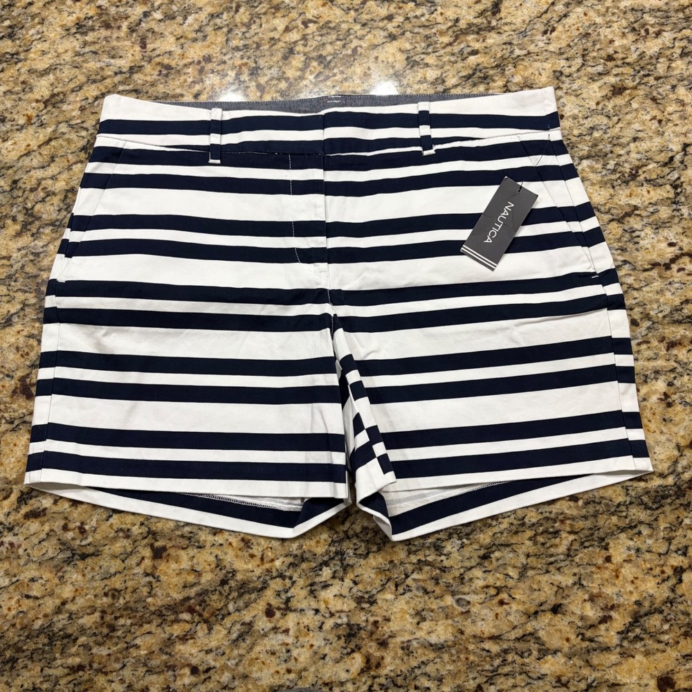 Nautica Womens Navy Blue White Striped Chino Shorts Size 8 ws